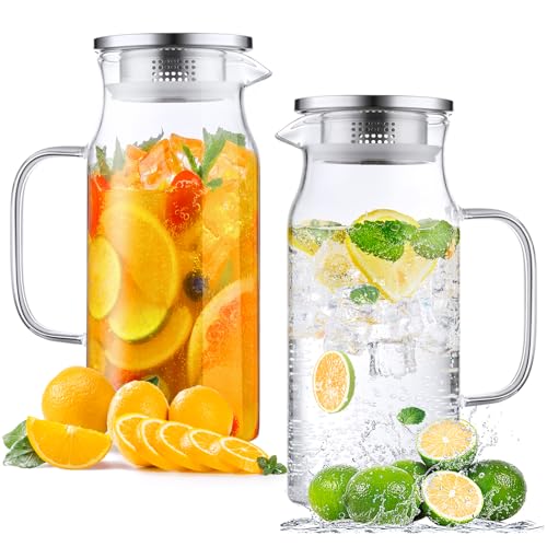 2 Pack 1.2 Liter 40 oz Small Glass Pitcher with Lid and Handle (2 Count)