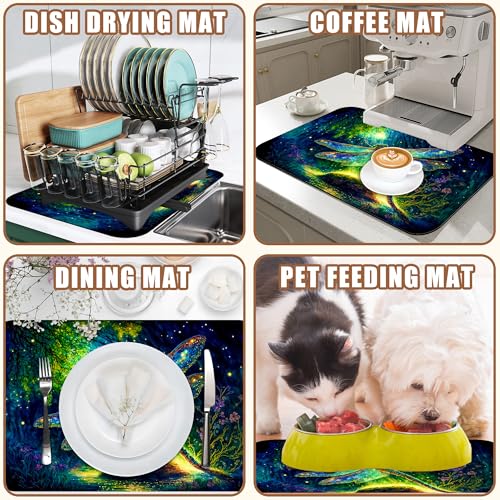 Magic Dragonfly in Forest Coffee Mat Absorbent Dish Drying Mat for Kitchen Counter Hide Stain Rubber Backed Coffee Bar Accessories Fit Under Espresso Machine Cafe Table