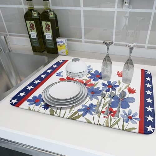 4th of July Flower Dish Drying Mat 18"x24" Independence Day Stars Dish Drainer Mats Watercolor Patriotic Floral Microfiber Dish Drying Rack Pad for Kitchen Countertop Large Decor
