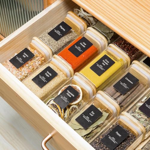 Square Glass Spice Jars with Labels 8 oz 16 Pack with Bamboo Lids (16 Count)