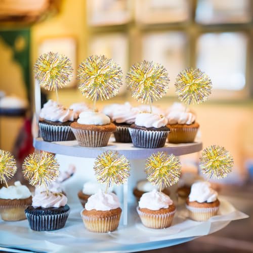 30Pcs Foil Firework Cupcake Toppers Party Birthday Cake Toppers Supplies Sparkle Tinsel Cocktail Fruit Toothpick for Birthday Wedding Graduation Party Yellow (30 Count)