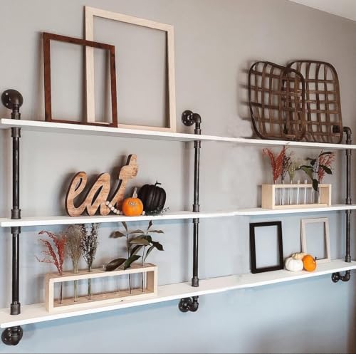 Industrial Pipe Shelving Rustic White Pipe Wall Shelves Industrial Shelves with Wood Planks Floating Shelves 60 Inch Farmhouse Bathroom (3 Count)