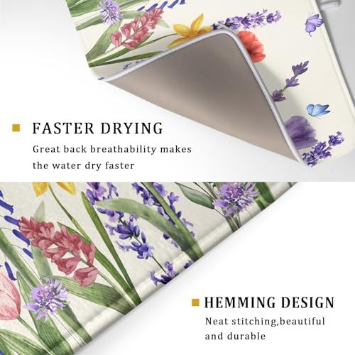 Spring Summer Floral Dish Drying Mat for Kitchen Counter 18x24 Inch Spring Flowers Dish Drainer Rack Mats Absorbent Kitchen Drying Mat Botanical Floral Drainer Rack Mats for Kitchen Countertop Decor