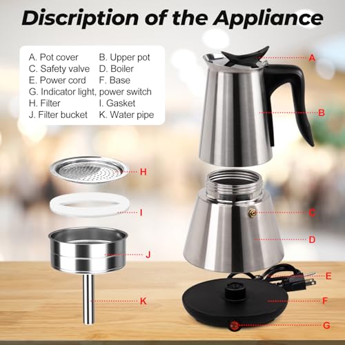 Electric Stainless Steel Moka Pot 6 Cup 300ml Mocha Pot