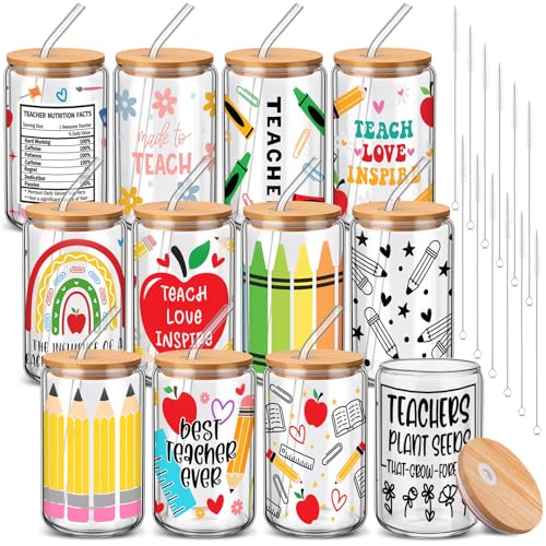12 Sets Back to School Teacher Gifts Bulk 16 oz Apple Crayon Pencil Glass Cup with Lid and Straw Iced Coffee Tumbler for Teacher from Students First Day of School Party Favors (12 Count)