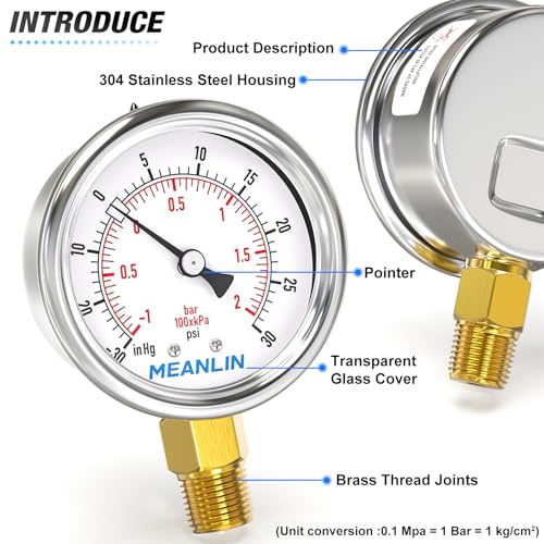 30inHG~30Psi Vacuum Gauge Stainless Steel 1