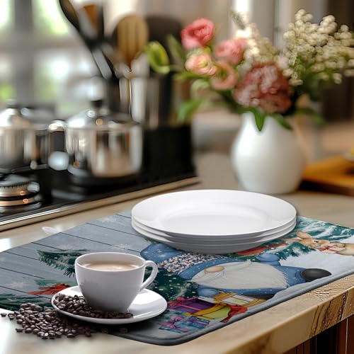 Winter Gnome Dish Drying Mat Christmas Tree Snowman Large Kitchen Mats Dish Drying Pad Bird Absorbent Dish Dryer Mat for Kitchen Countertops Microfiber Drainer Pad Dish Drying Mats