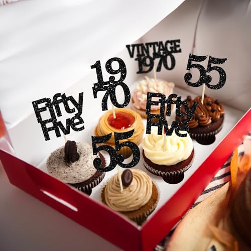 24Pcs Vintage 1970 Cupcake Toppers Glitter Cheers to 55 Fabulous Fifty Five Cupcake Picks 55th Birthday Wedding Anniversary Party Cake Decorations Supplies Black (24 Count)
