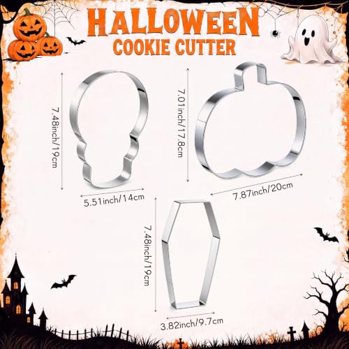 3 Pcs 7.5 Inch Large Halloween Cookie Cutters Set Extra Large Pumpkin Coffin Skull Shapes Stainless Steel Metal Giant Cookie Cutters Molds for Halloween Day Baking Party Kitchen Accessories (3 Count)