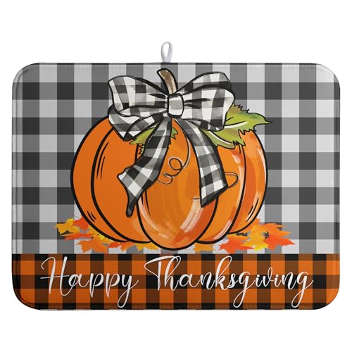 Fall Pumpkin Dish Drying Mats Thanksgiving Kitchen Drying Mat Buffalo Plaid Microfiber Large Dish Dryer Pad Maple Leaves Absorbent Dishes Drain Matt XL Washable Foldable