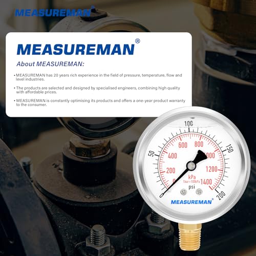 2-1/2inch Dial Size, Liquid Filled Pressure Gauge, 0-200psi/kpa, 304 Stainless Steel Case, 1/4 inchNPT Lower Mount