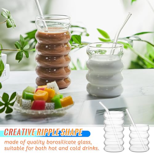 4 Pcs Creative Glass Cups Vintage Drinking Glasses Ribbed Glassware Aesthetic Cup Entertainment Dinnerware Glassware with Straws Set for Kitchen Coffee Beverage (4 Count)