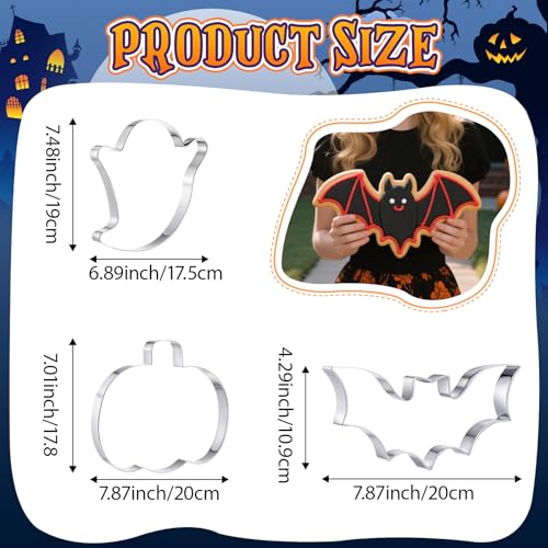 3 Pcs Large Halloween Cookie Cutters Set 7.5 Inch Extra Large Pumpkin Bat Ghost Shapes Stainless Steel Metal Giant Cookie Cutters Molds for Halloween Day Baking Party Kitchen Accessories (3 Count)