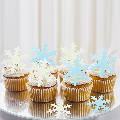 50Pcs Blue White Edible Cupcake Toppers Snowflakes Cake Toppers Snowflakes Cake Decoration Winter Frozen Birthday Party Supplies (50 Count)