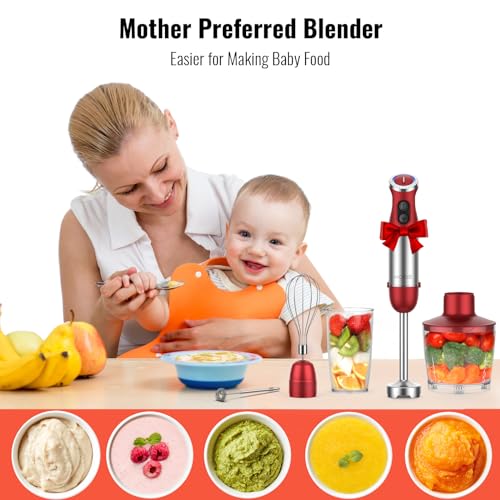 5-in-1 Hand Immersion Blender, 1000W 12 Speed Handheld Blender Stick with Copper Motor Stainless Steel Blade, 600ml Mixing Beaker,500ml Food Processor, Whisk, Milk Frother, Non-BPA, Red