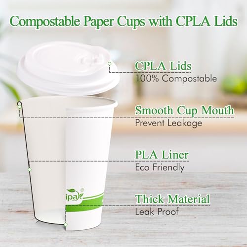 100 Count 12 oz Compostable Paper Coffee Cups with CPLA Lid