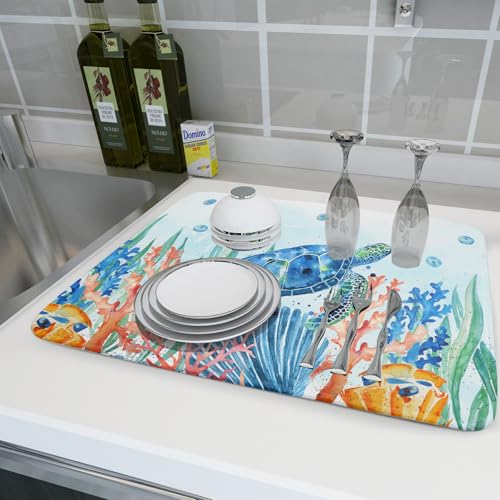 Sea Turtle Dish Drying Mat 18x24in Watercolor Blue Tortoise Dish Drainer Mats Nautical Ocean Coral Seashell Seaweed Microfiber Dish Drying Pad for Kitchen Countertop Large Decor