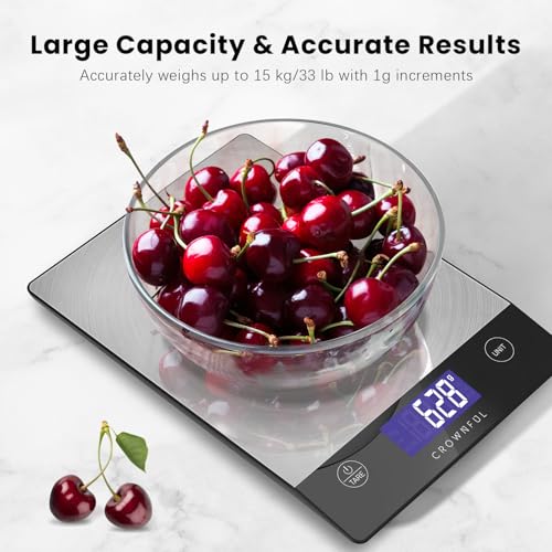Food Scale 33lb Rechargeable 304 Stainless Steel Digital Kitchen Scale Weight Grams and Ounces with LCD Display and Type