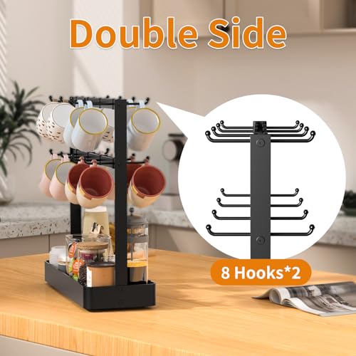 2 Tier Coffee Cup Holder with 16 Movable Hooks & Storage Basket