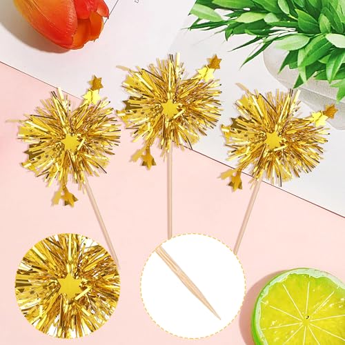 30 PCS Foil Firework Cupcake Toppers Star Cupcake Picks Sparkle Tinsel Flower Drink Stirrers Cocktail Food Fruit Toothpicks for Baby Shower Wedding Birthday Party Cake Decorations Supplies Gold (30 Count)