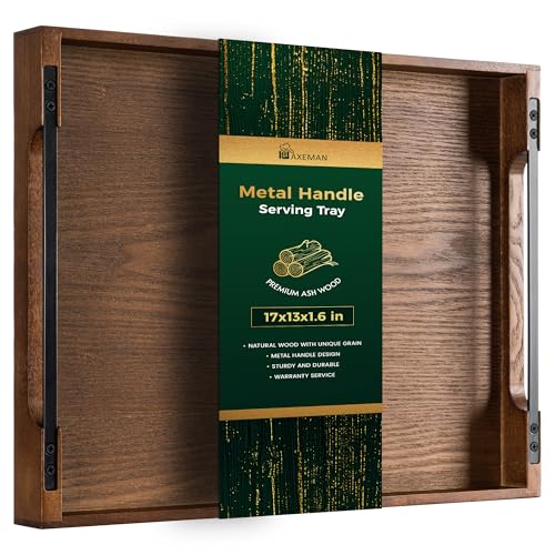 Wooden Serving Tray with Metal Handles