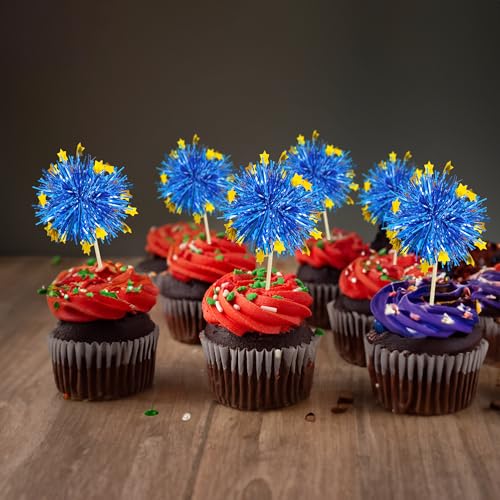 30Pcs Foil Firework Cupcake Toppers Firework Cake Toppers Tinsel Flower Drink Stirrers Cocktail Food Fruit Toothpicks for Valentine's Day Party Decorations Blue (30 Count)