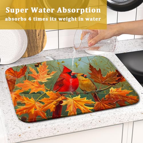 Fall Birds Dish Drying Mat 16x18 Inch Autumn Maple Leaf Tree Dish Drainer Mats Thanksgiving Decorative Microfiber Reversible Dish Drying Rack Pad Small for Kitchen Countertop Tabletop