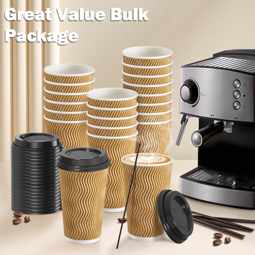 90 Pack 16 oz Disposable Coffee Cups with Lids and Straws (90 Count)