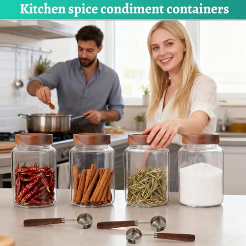 60 oz Glass Coffee Jars with Wooden Airtight Lid Spoon Clear Herb Ground Canister Round Food Storage Container for Sugar Pantry Flours Tea Coffee Bean Spice Cookies