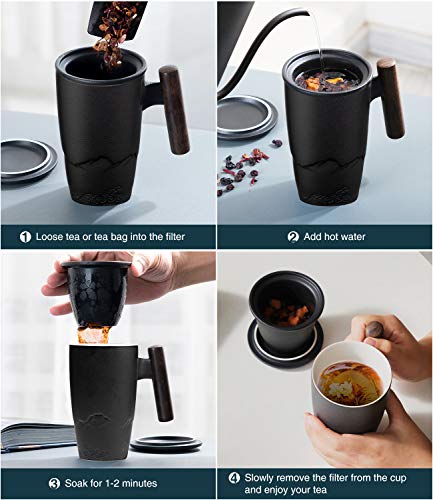 Tomotime Ceramic Tea Cup with Infuser and Lid Tea Mugs Wooden Handle 400ml