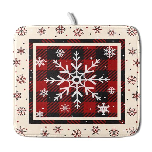 16"x18" Christmas Snowflakes Dish Drying Mat Xmas Red Black Buffalo Plaids Winter Snow Dish Drainer Mats Microfiber Reversible Dish Drying Rack Pad for Kitchen Countertop Tabletop Decor