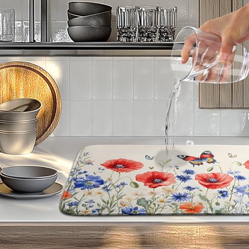 Patriotic Dish Drying Mats for Kitchen Counter 4th of July Kitchen Dishes Dryer Pad Red Blue Flowers Absorbent Dish Mat Microfiber Washable Foldable Reusable Large 18x24 in
