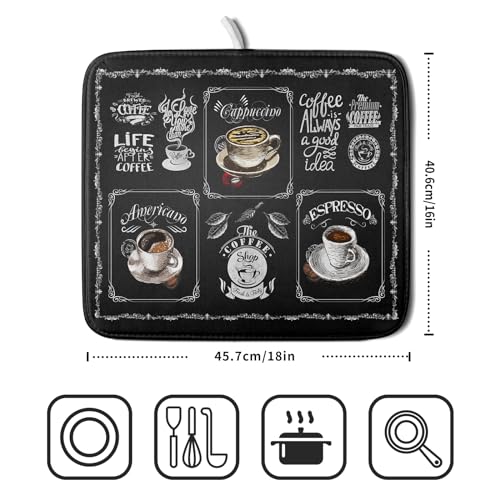 Coffee Dish Drying Mat Vintage Anti Fatigue Espresso Cup Black Bean Maker Machine Drainer Mat Small Dish Pad Dish Drainer Rack Mat Protector Kitchen Accessories Bar Time 16x18 inch