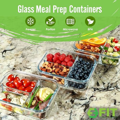 Glass Meal Prep Containers 3 Compartment (3 Count)