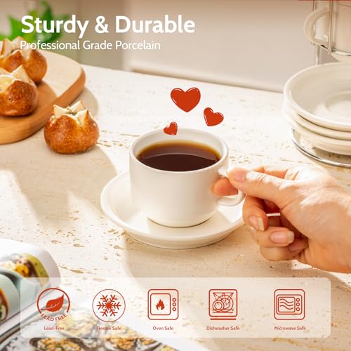 8 Ounce Porcelain Stackable Cappuccino Cups with Saucers and Metal Stand
