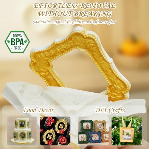 Picture Frame Molds Silicone Baroque Vintage for Fondant Candy Clay Covered Oreo Cake Photo Decorating Cupcake Toppers