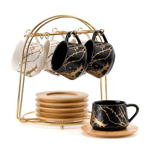 Ceramic Espresso Cups with Saucers and Metal Stand (7.6 Count)