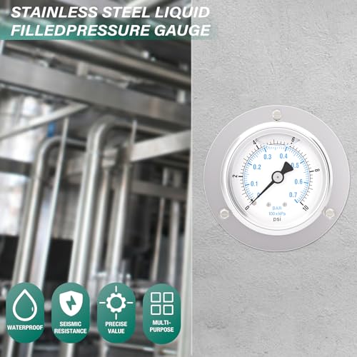 0 10PSI Panel Mount Front Flanged Glycerin Filled Pressure Gauge