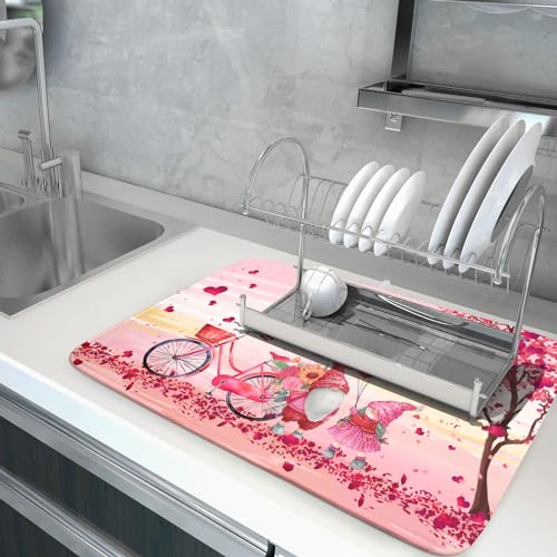 Pink Heart Valentine's Day Gnomes Dish Drying Mat for Kitchen Counter