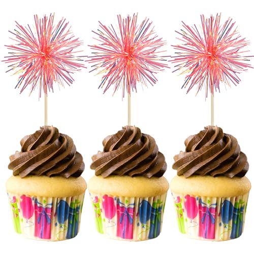 30Pcs Foil Firework Cupcake Toppers Sparkle Tinsel Cake Toppers Tinsel Drink Cake Decoration Cocktail Picks for Birthday Wedding Graduation Party Supplies Laser Orange (30 Count)
