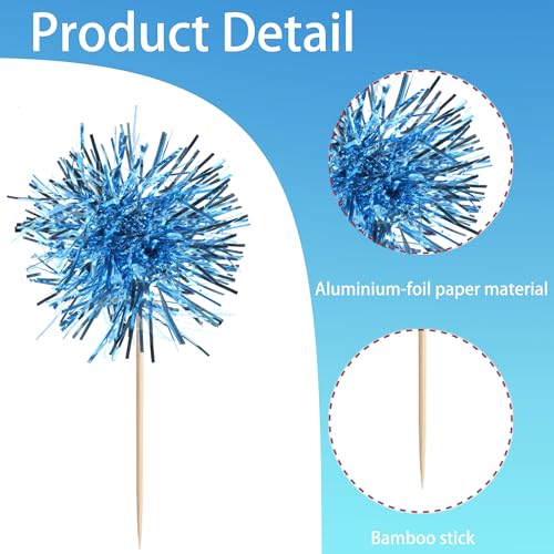 40 PCS Foil Firework Cupcake Toppers Light Blue Sparkler Cupcake Picks Sparkle Tinsel Fireworks Decorations Cocktail Fruit Toothpick for Firework Theme Birthday Wedding Graduation Party Decor Supplies (40 Count)