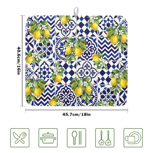 Lemon and Blue Tile Dish Drying Mat 16x18 Inch Absorbent Reversible Mexican Tilt Drying Mat Blue White Italy Lemons Dish Drying Rack Mat Summer Themed Dish Drainer Mat for Kitchen Counter Coffee Bar