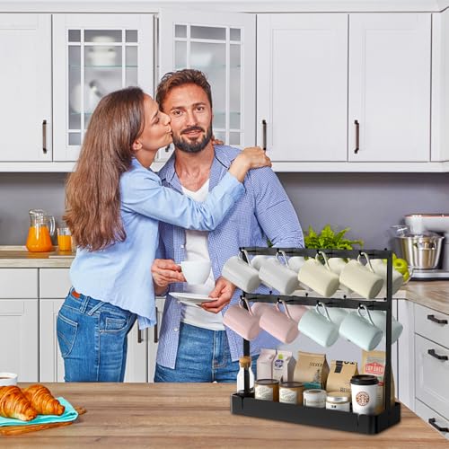 2 Tier Coffee Cup Holder with 16 Movable Hooks & Storage Basket