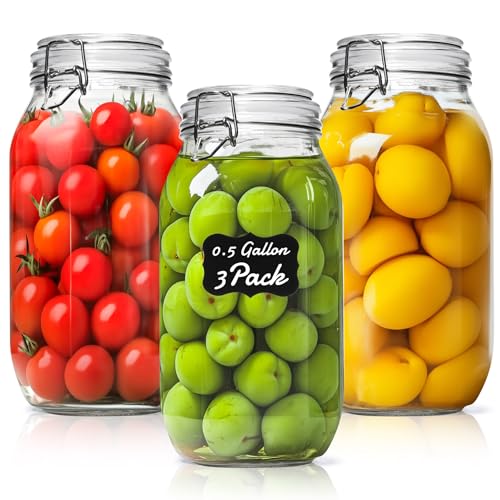 Large Glass Mason Jars with Airtight Lids Half Gallon 3 Pack Bulk (3 Count)