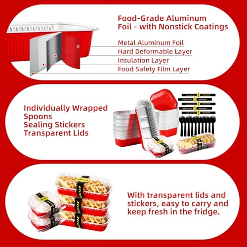 100PCS Red Mini Loaf Pan with Lids and Spoons 6.8oz Rectangular Aluminum Foil Bread Pan 10oz Square Cake Cup with Decal Disposable Baking Supply for Graduate Wedding Birthday (100 Count)