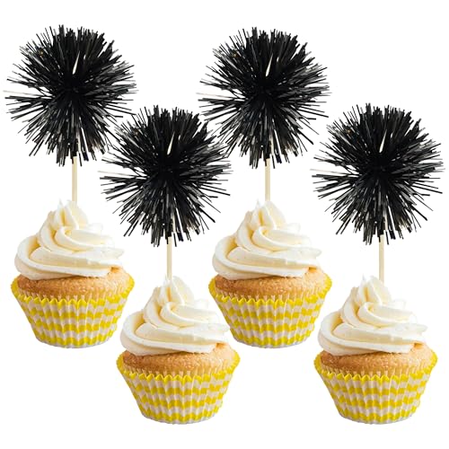 30Pcs Foil Firework Cupcake Toppers Sparkle Tinsel Cake Toppers Tinsel Drink Cake Decoration Cocktail Picks for Birthday Wedding Graduation Party Supplies Black (30 Count)