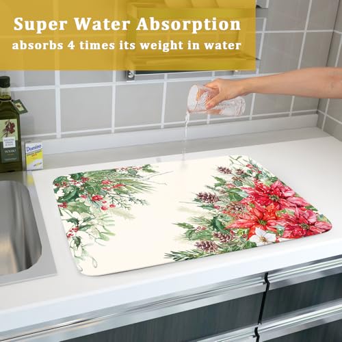 Poinsettia Dish Drying Mat for Countertop 18"x24" Christmas Red Floral Winter Holly Berries Dish Drainer Mats Absorbent Microfiber Dish Drying Pad Protector for Kitchen Home Decor Large