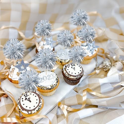 30Pcs Foil Firework Cupcake Toppers Sparkle Tinsel Cake Toppers Tinsel Drink Cake Decoration Cocktail Picks for Birthday Wedding Graduation Party Supplies Dark Silver (30 Count)