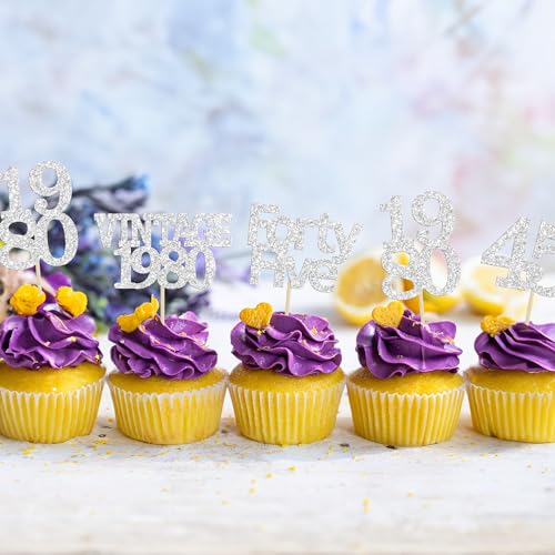 24Pcs 45th Birthday Cupcake Toppers Glitter Cheers to 45 Fabulous Forty Five Vintage 1980 Cupcake Picks 45th Birthday Wedding Anniversary Party Cake Decorations Supplies Silver (24 Count)