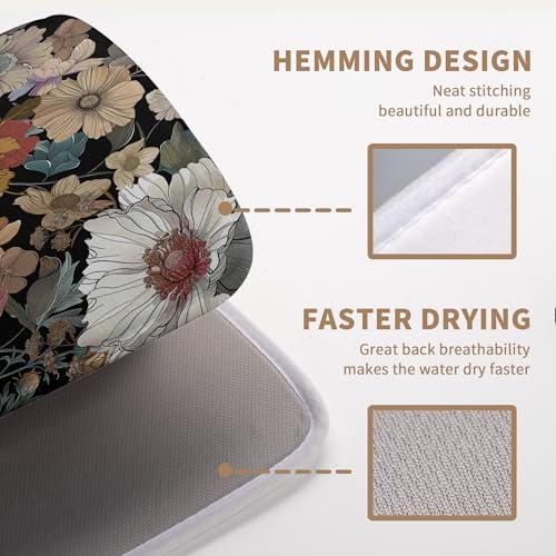 Spring Boho Floral Dish Drying Mats Spring Summer Vintage Flowers Dish Mat Farmhouse Drying Matt Dishes Dryer Pad for Kitchen Counter Absorbent Microfiber Washable Foldable Reusable 18x24 in